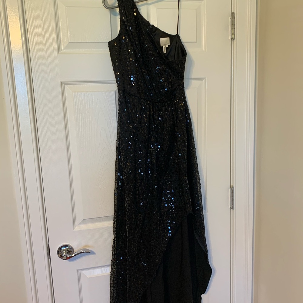 Max and Cleo One shoulder high low sequin dress